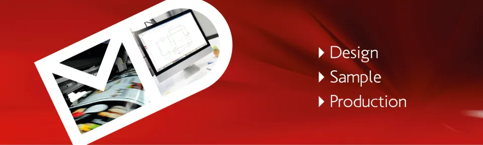 Design, Sample, Production: το λογότυπο MD με φωτογραφίες εκτύπωσης και σχεδίου κουτιού σε υπολογιστή